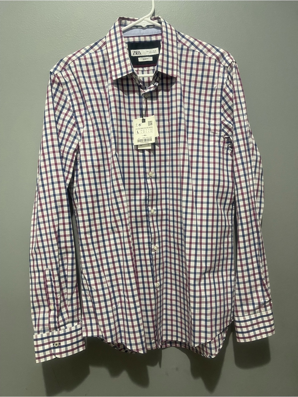 Zara Men's Checked Dress Shirt in White, Pink & Blue Sz L